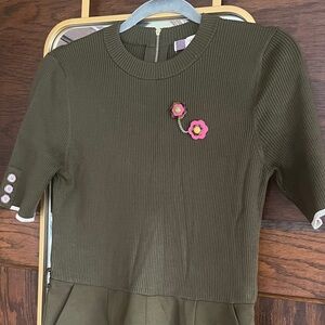 Ted Baker olive zipper-back jumpsuit with pink floral sweater keeper
